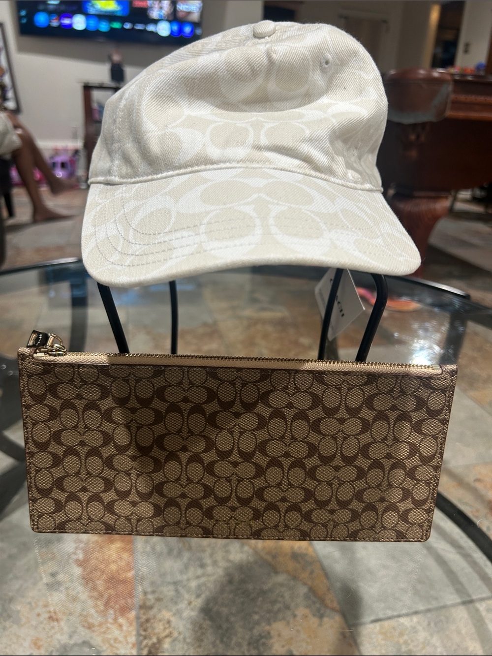 Coach Beige Canvas Logo Cap with Brown Signature Wristlet
